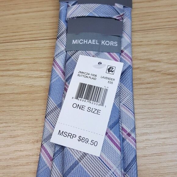 MICHAEL KORS Mens Neck Tie Blue Gray Check Plaid Classic Pointed Silk Blend - Picture 3 of 6